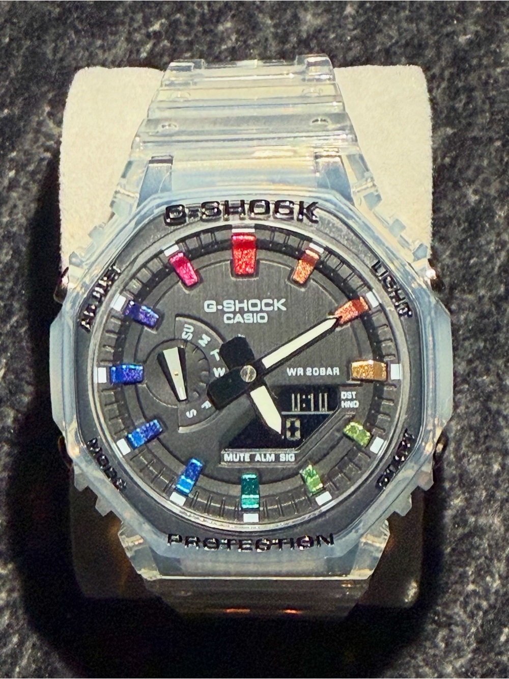 Casio G-SHOCK Clear Resin Watch with Multicolor Hour Markers